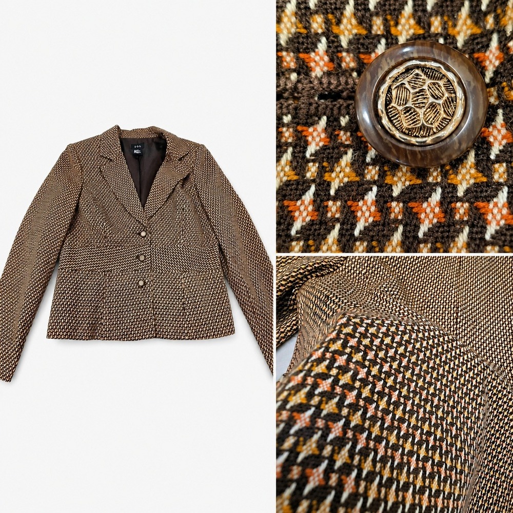 RQT Vintage 90s Y2K Tweed Blazer Jacket Womens Size 12 Brown Orange Houndstooth